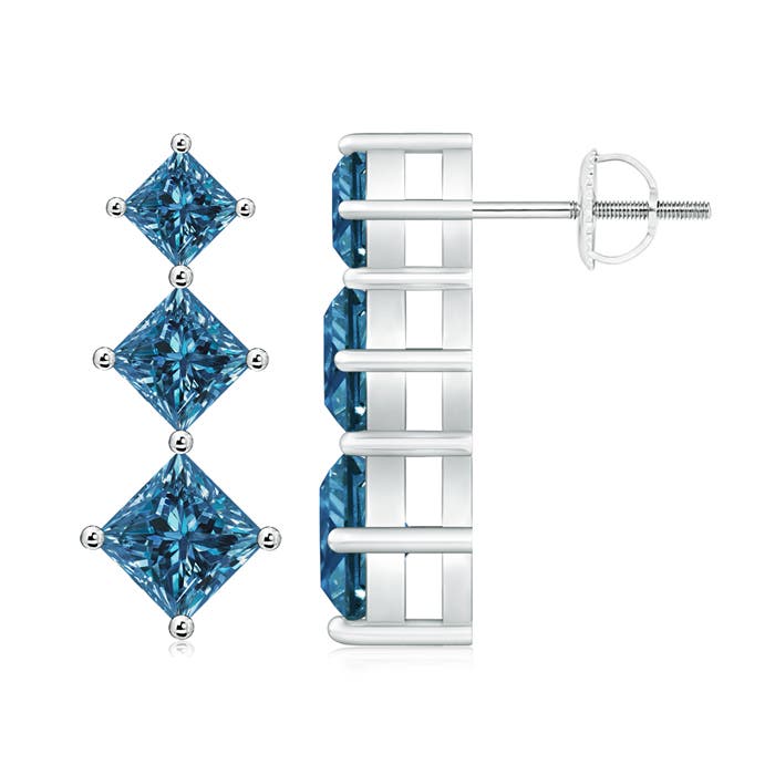 Princess-Cut Enhanced Blue Diamond Three Stone Earrings