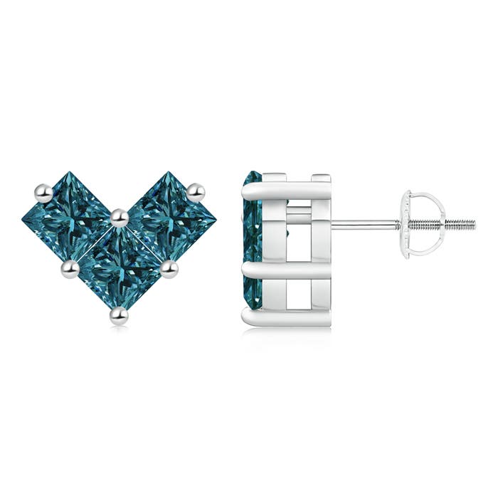V-Shaped Princess-Cut Enhanced Blue Diamond Stud Earrings