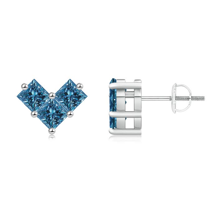 V-Shaped Princess-Cut Enhanced Blue Diamond Stud Earrings