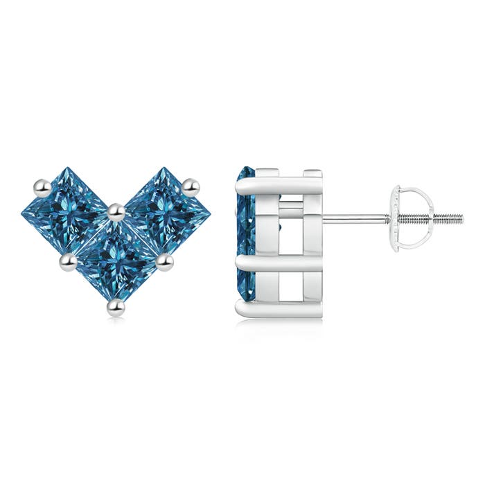 V-Shaped Princess-Cut Enhanced Blue Diamond Stud Earrings