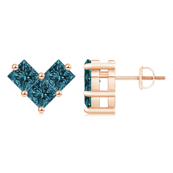V-Shaped Princess-Cut Enhanced Blue Diamond Stud Earrings