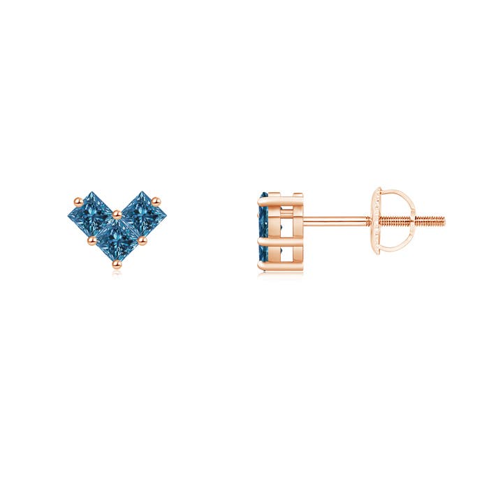 V-Shaped Princess-Cut Enhanced Blue Diamond Stud Earrings