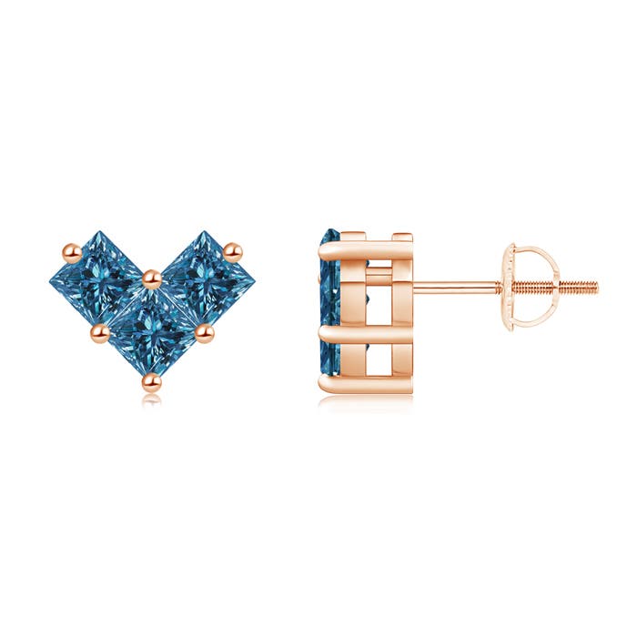 V-Shaped Princess-Cut Enhanced Blue Diamond Stud Earrings