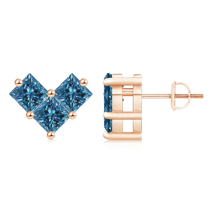 V-Shaped Princess-Cut Enhanced Blue Diamond Stud Earrings