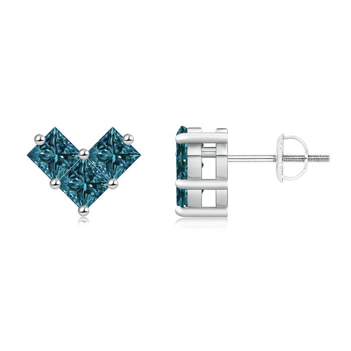 V-Shaped Princess-Cut Enhanced Blue Diamond Stud Earrings