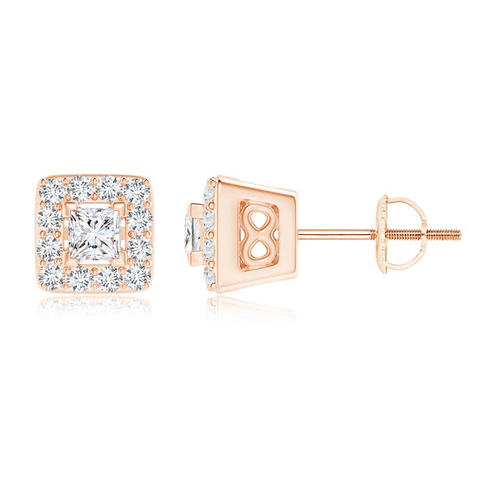 V-Prong Set Princess-Cut Diamond Halo Stud Earrings