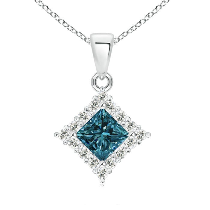 Classic Princess-Cut Enhanced Blue Diamond Pendant with Halo