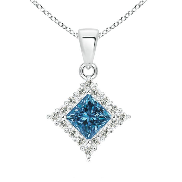 Classic Princess-Cut Enhanced Blue Diamond Pendant with Halo