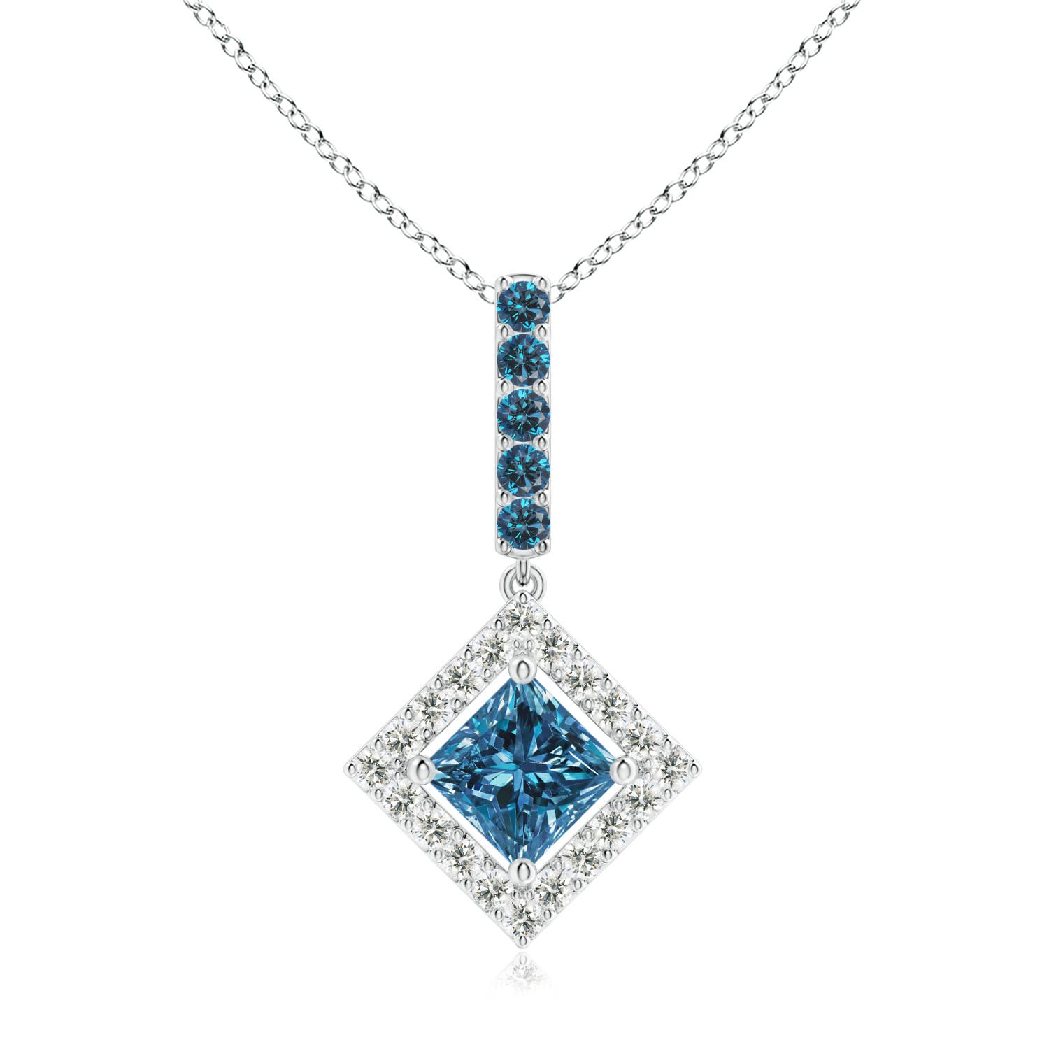 Floating Halo Princess-Cut Enhanced Blue Diamond Pendant