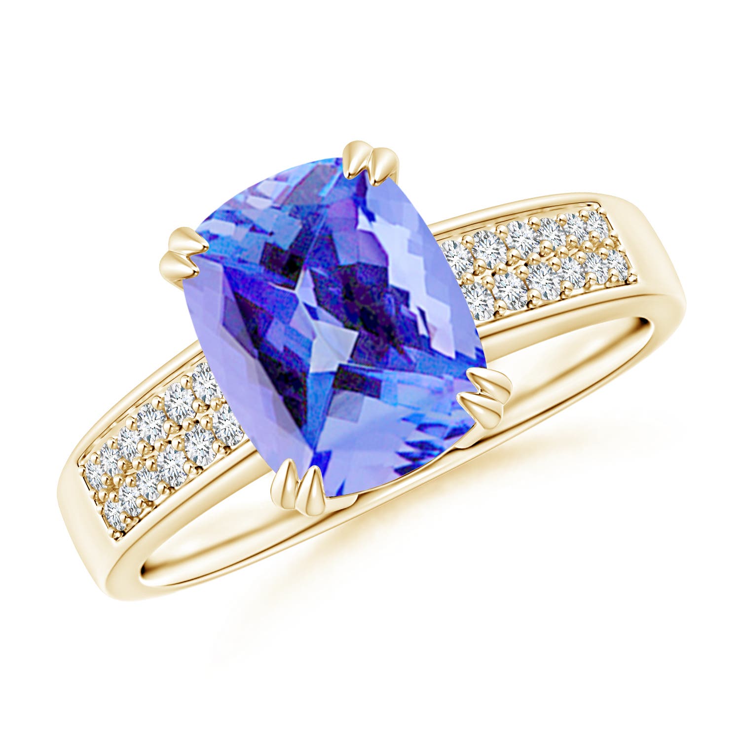 Double Claw-Set Cushion Cut Tanzanite Ring with Diamond Accent | Angara