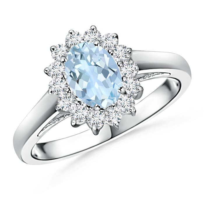 Princess Diana Inspired Aquamarine Ring with Diamond Halo