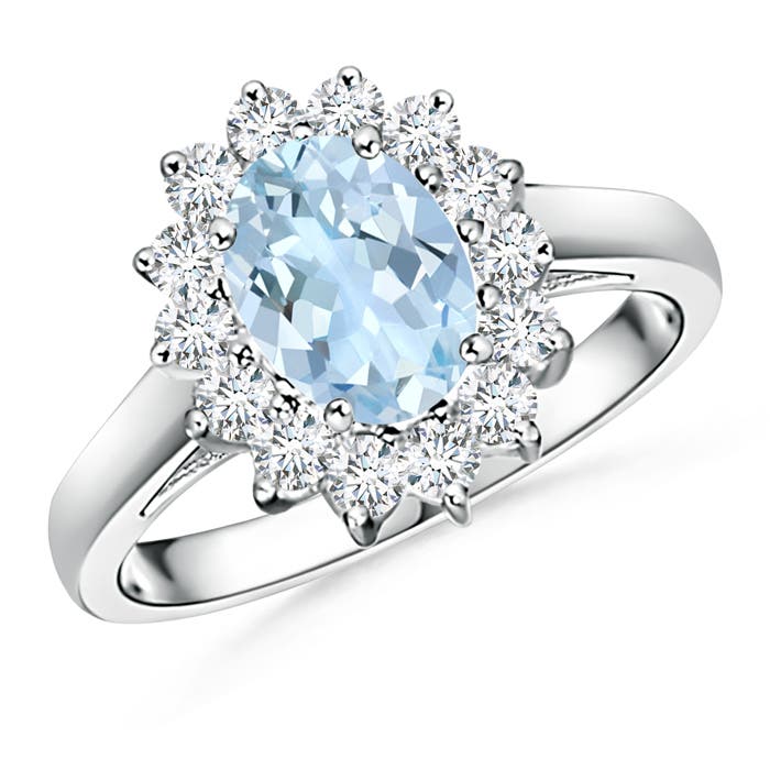 Princess Diana Inspired Aquamarine Ring with Diamond Halo