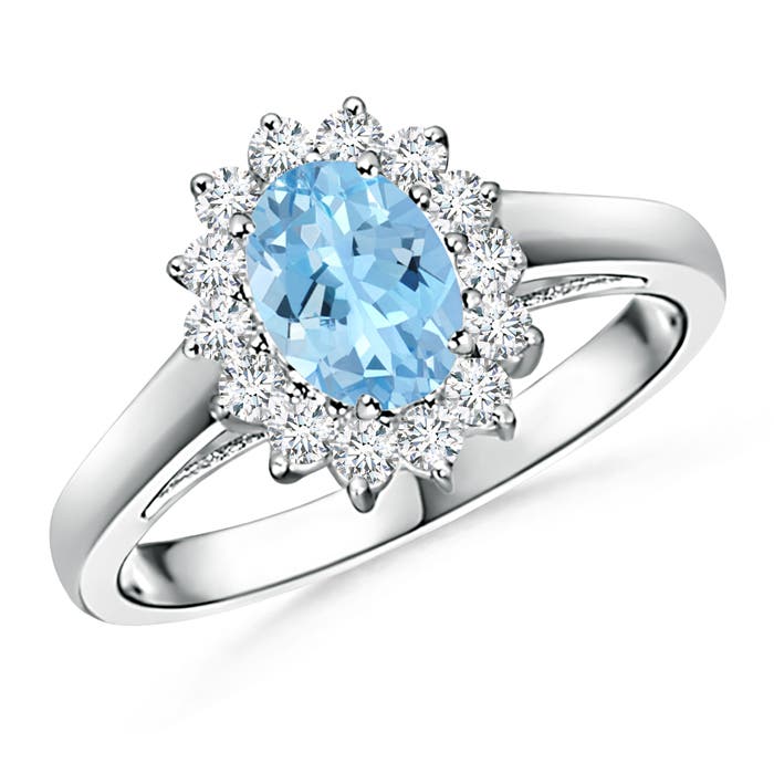 Princess Diana Inspired Aquamarine Ring with Diamond Halo