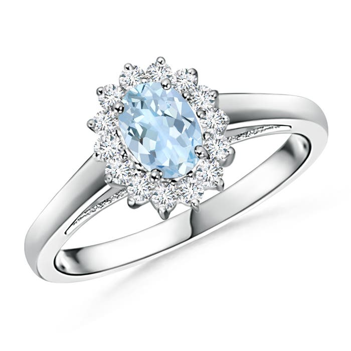 Princess Diana Inspired Aquamarine Ring with Diamond Halo