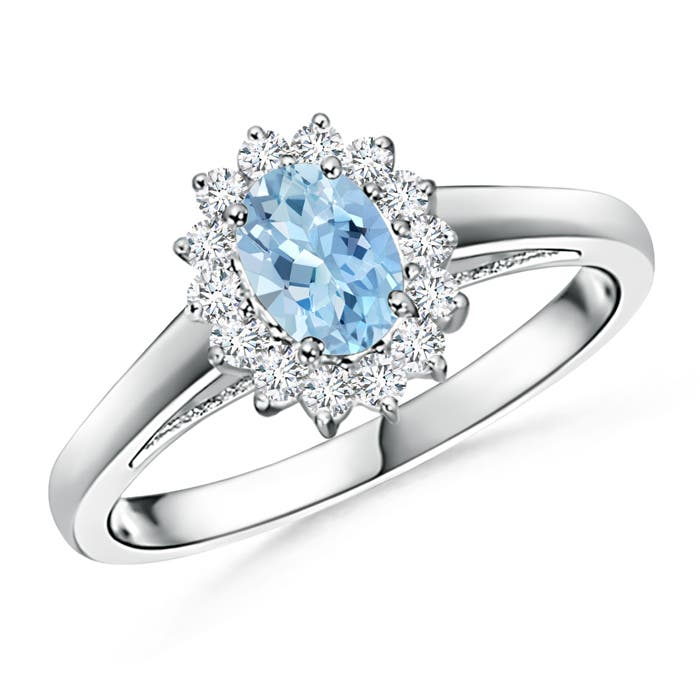 Princess Diana Inspired Aquamarine Ring with Diamond Halo