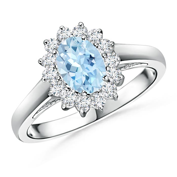 Princess Diana Inspired Aquamarine Ring with Diamond Halo
