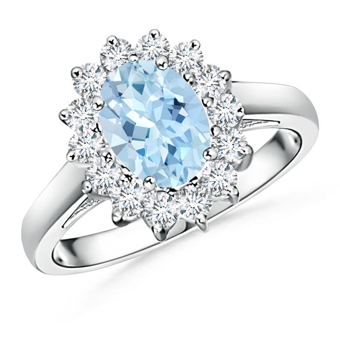 Princess Diana Inspired Aquamarine Ring with Diamond Halo