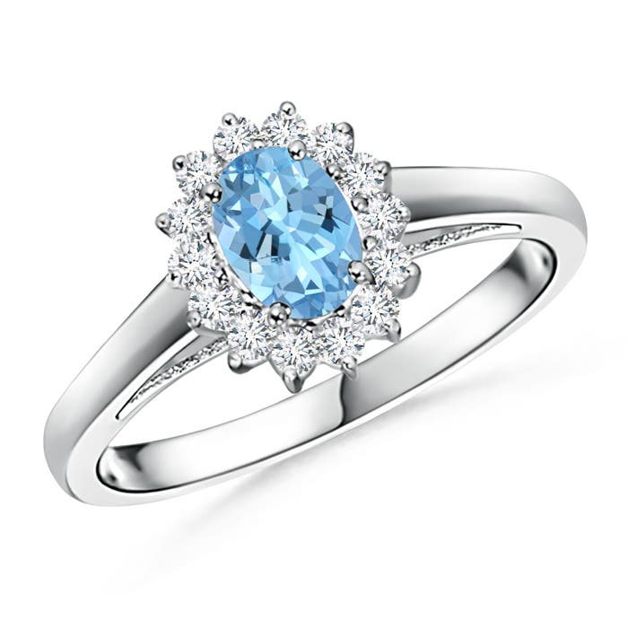 Princess Diana Inspired Aquamarine Ring with Diamond Halo