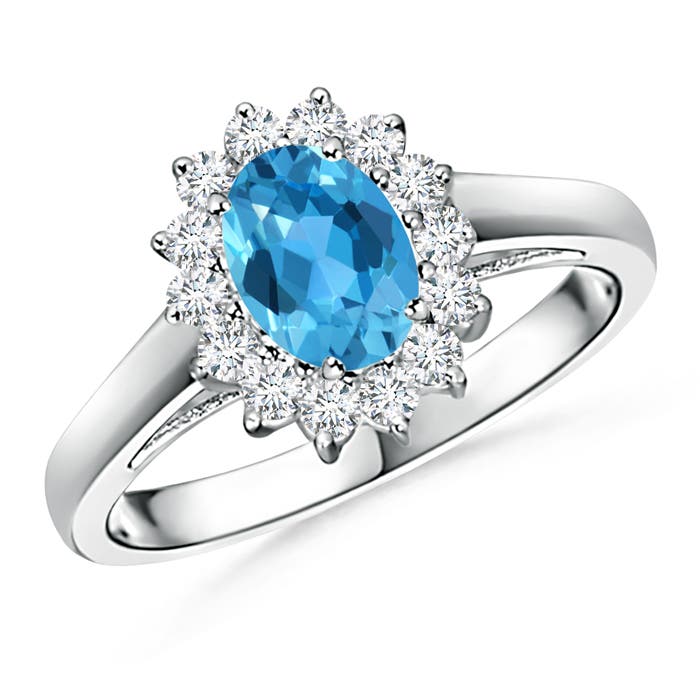 Princess Diana Inspired Swiss Blue Topaz Ring with Halo