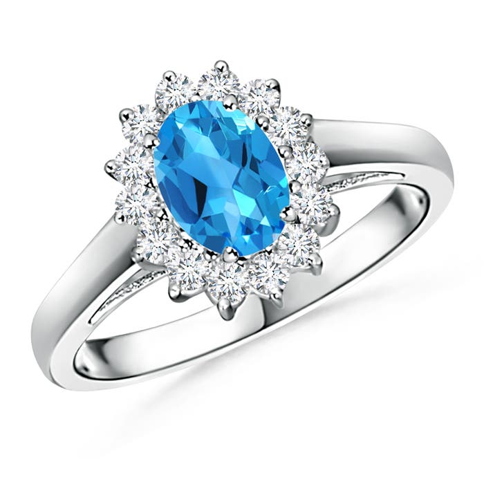 Princess Diana Inspired Swiss Blue Topaz Ring with Halo