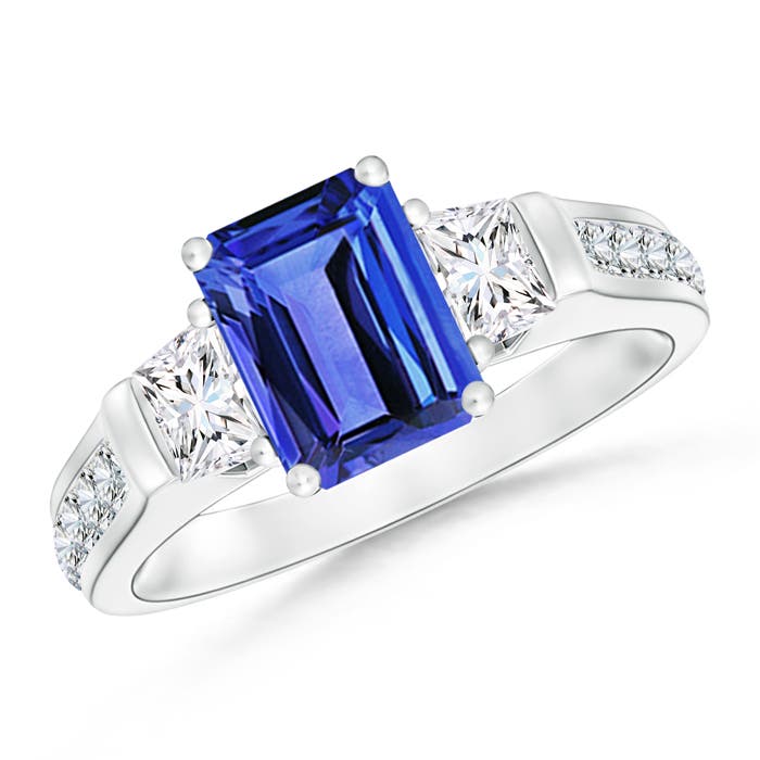 Three Stone Emerald-Cut Tanzanite and Trapezoid Diamond Ring | Angara