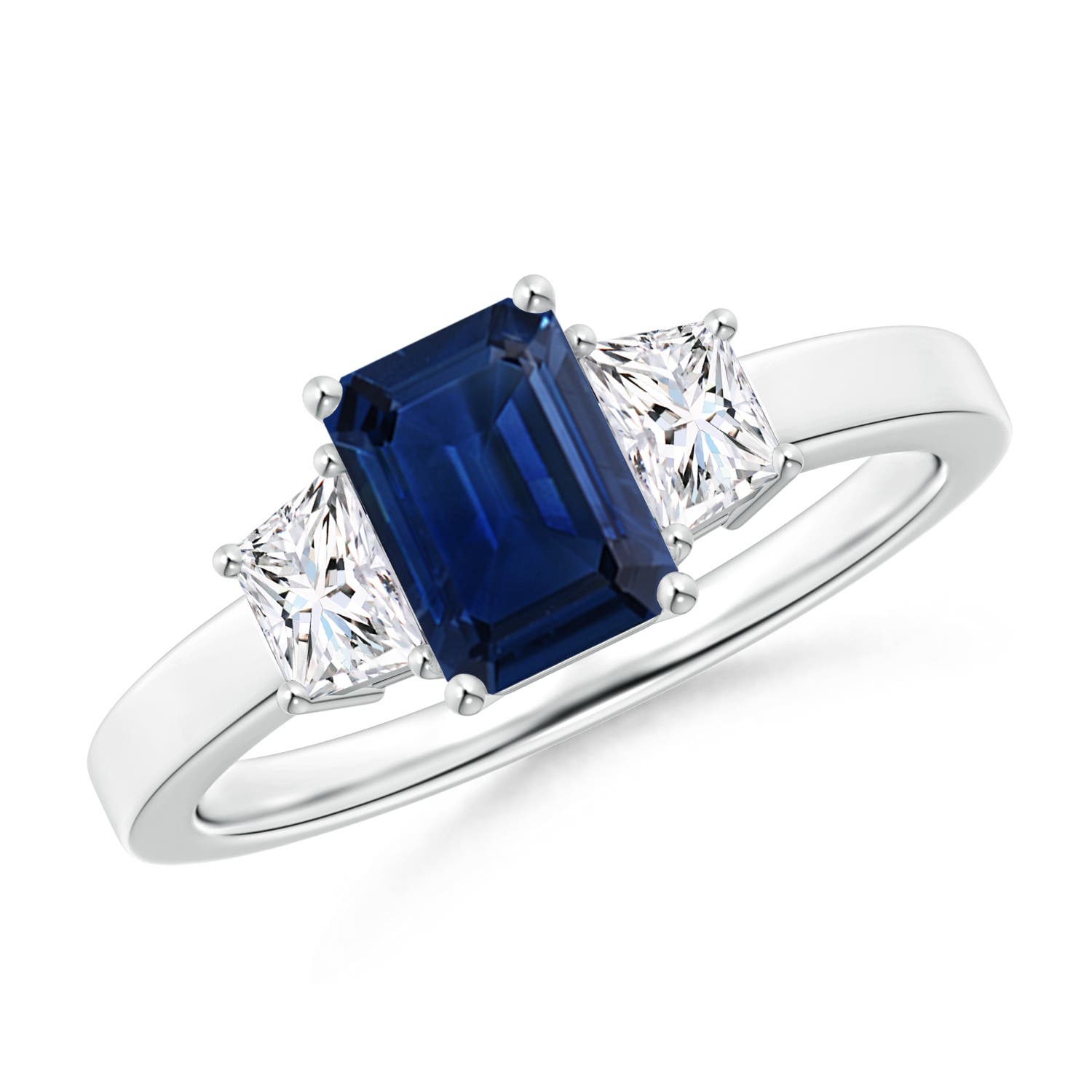 Emerald Cut Blue Sapphire and Diamond Three Stone Ring | Angara