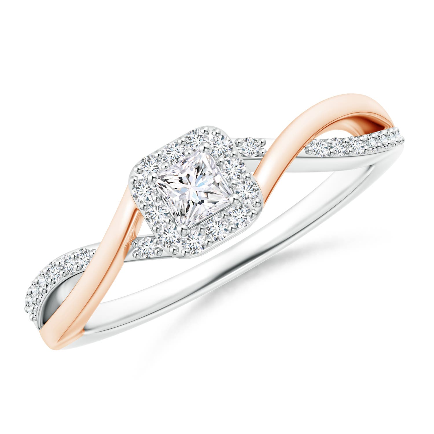 Princess-Cut Diamond Halo Crossover Ring in Two Tone Gold