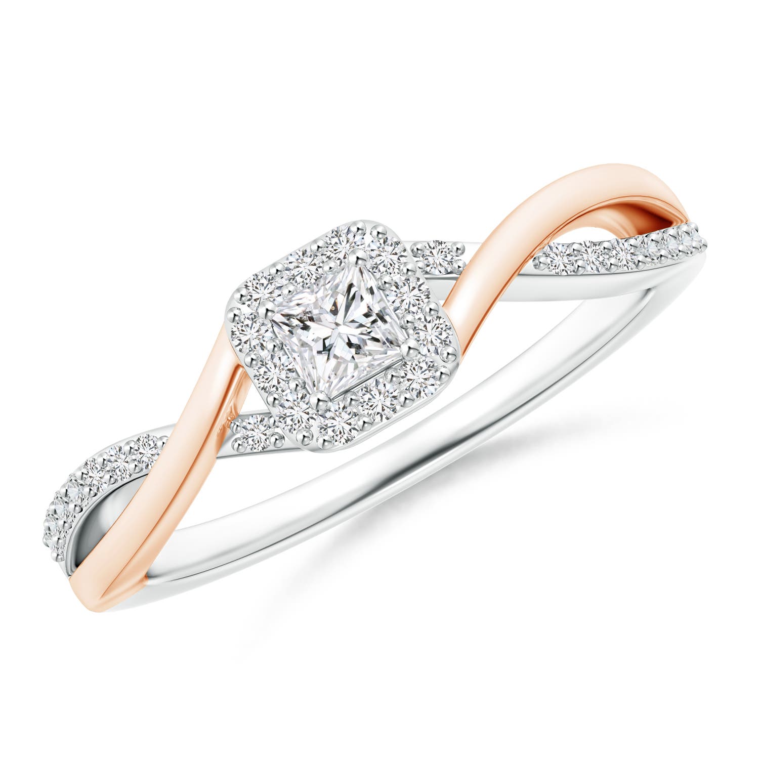 Princess-Cut Diamond Halo Crossover Ring in Two Tone Gold