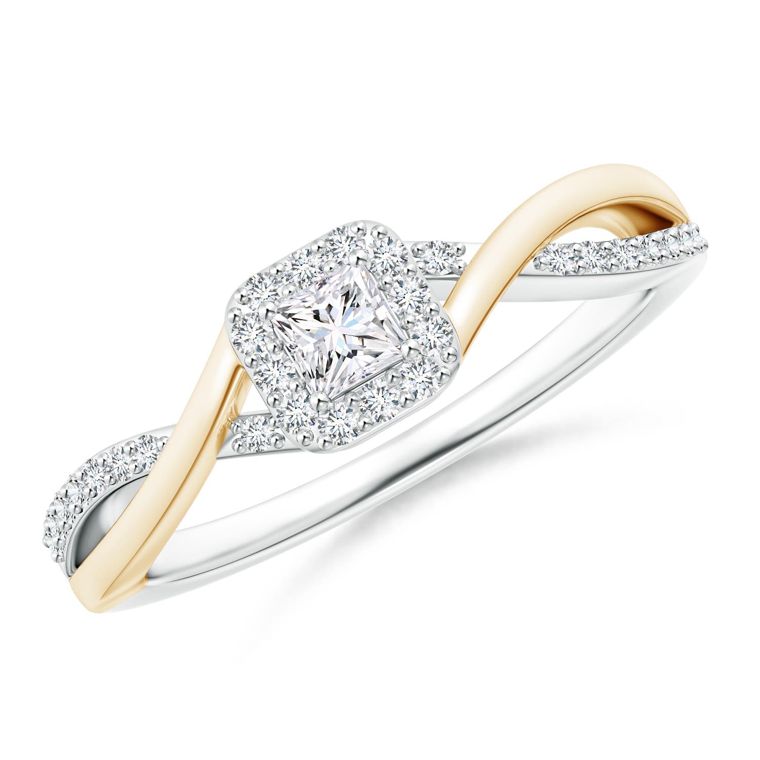 Princess-Cut Diamond Halo Crossover Ring in Two Tone Gold