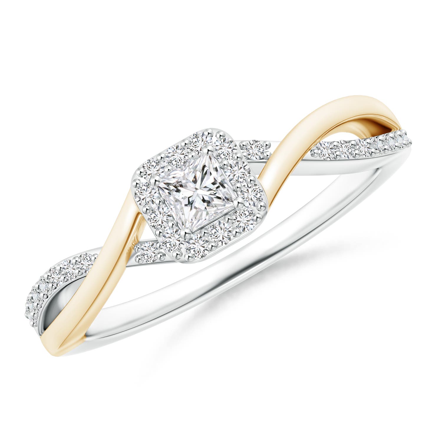 Princess-Cut Diamond Halo Crossover Ring in Two Tone Gold