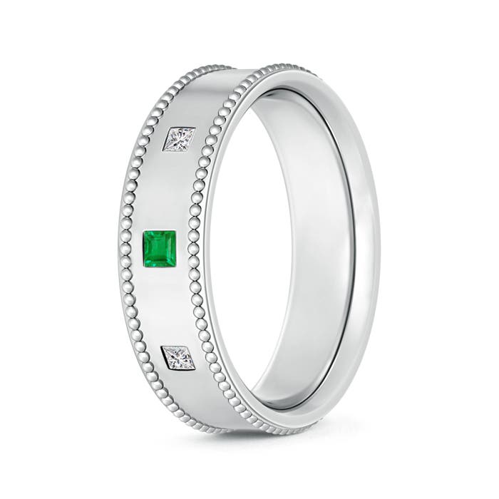 Square Emerald and Diamond 3 Stone Wedding Band for Men