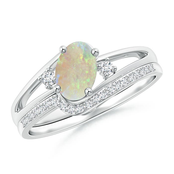 Oval Opal and Diamond Wedding Band Ring Set Angara