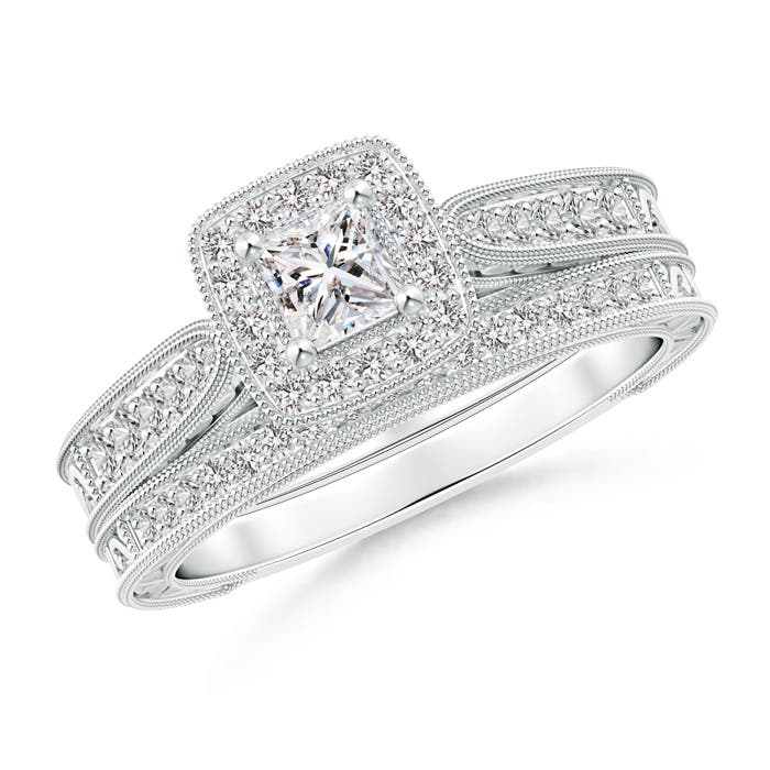 Double Outlined Milgrain Princess Diamond Halo Bridal Set