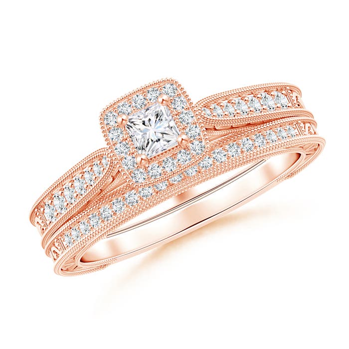 Double Outlined Milgrain Princess Diamond Halo Bridal Set