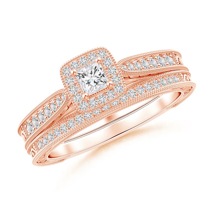 Double Outlined Milgrain Princess Diamond Halo Bridal Set