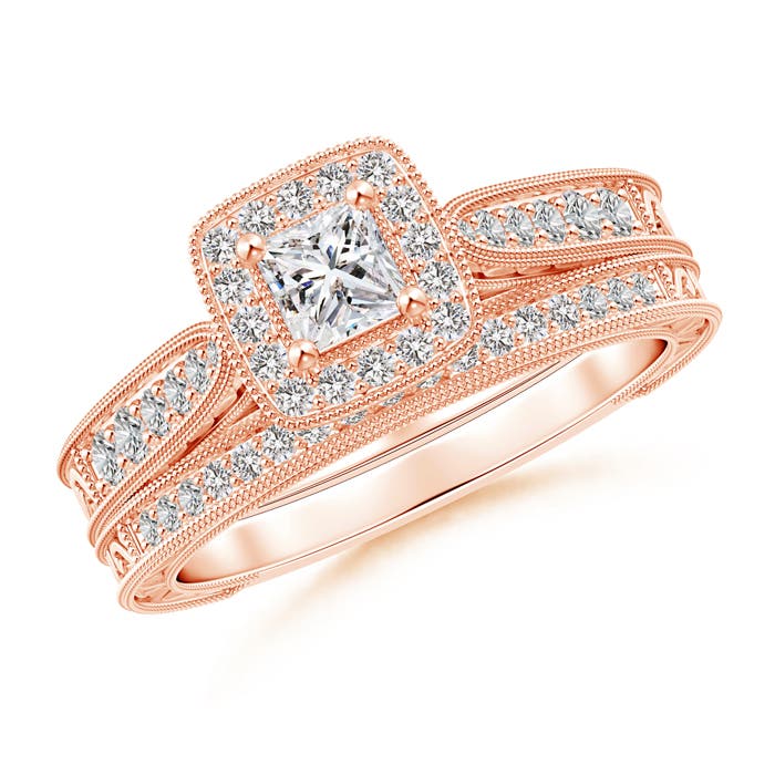 Double Outlined Milgrain Princess Diamond Halo Bridal Set