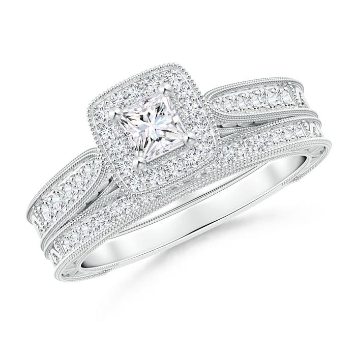Double Outlined Milgrain Princess Diamond Halo Bridal Set