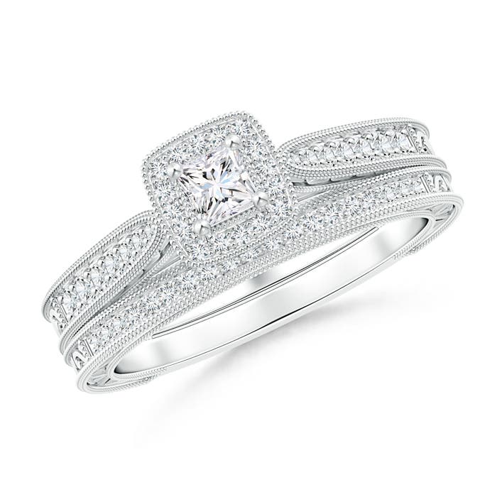 Double Outlined Milgrain Princess Diamond Halo Bridal Set