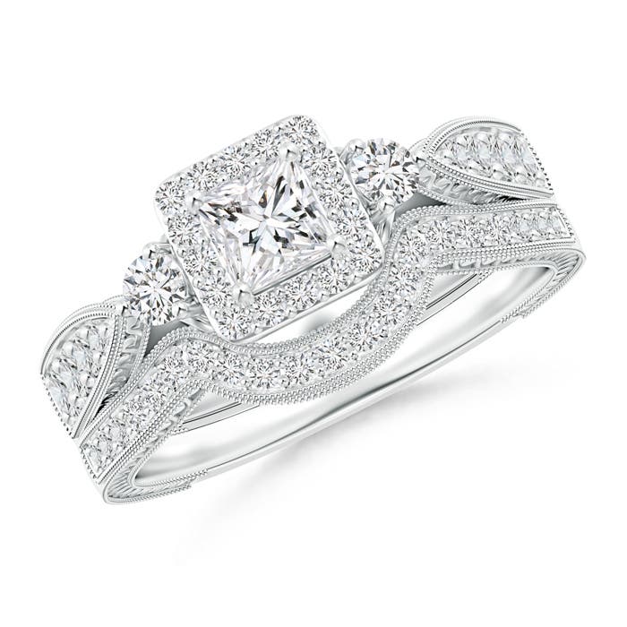 Milgrain Laced Princess-Cut Diamond Halo Bridal Set