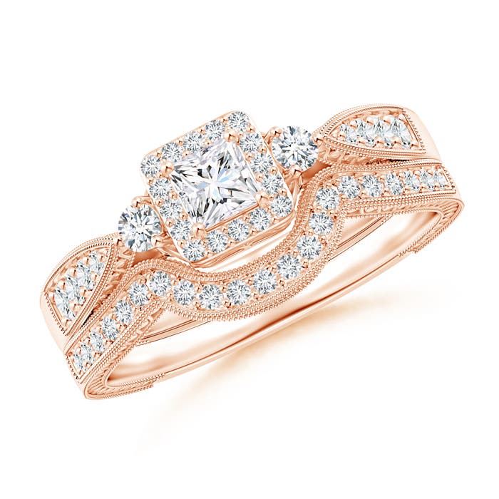 Milgrain Laced Princess-Cut Diamond Halo Bridal Set
