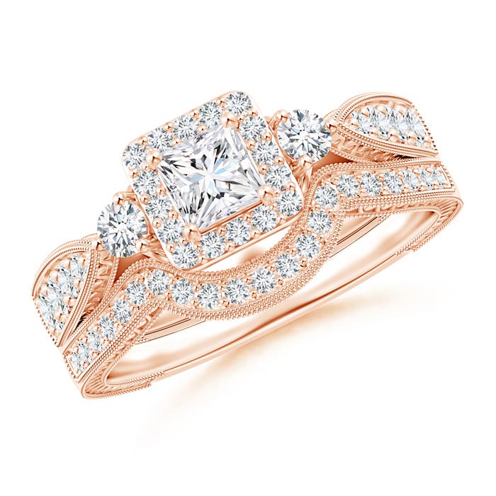 Milgrain Laced Princess-Cut Diamond Halo Bridal Set
