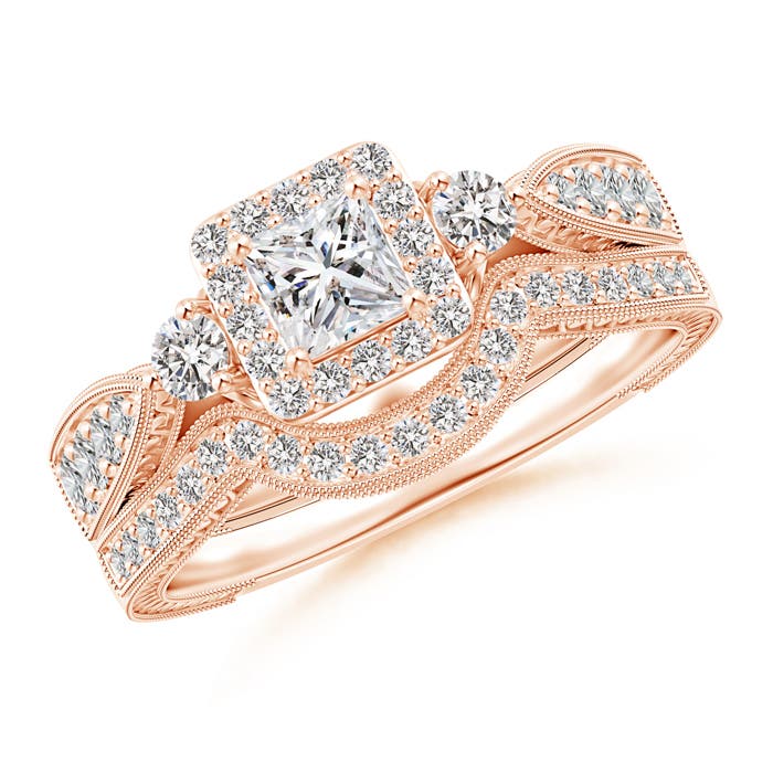 Milgrain Laced Princess-Cut Diamond Halo Bridal Set