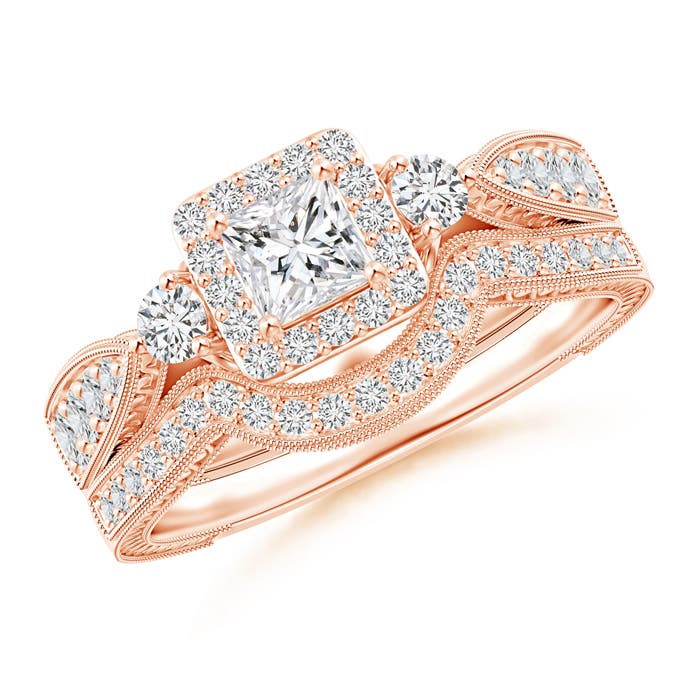 Milgrain Laced Princess-Cut Diamond Halo Bridal Set
