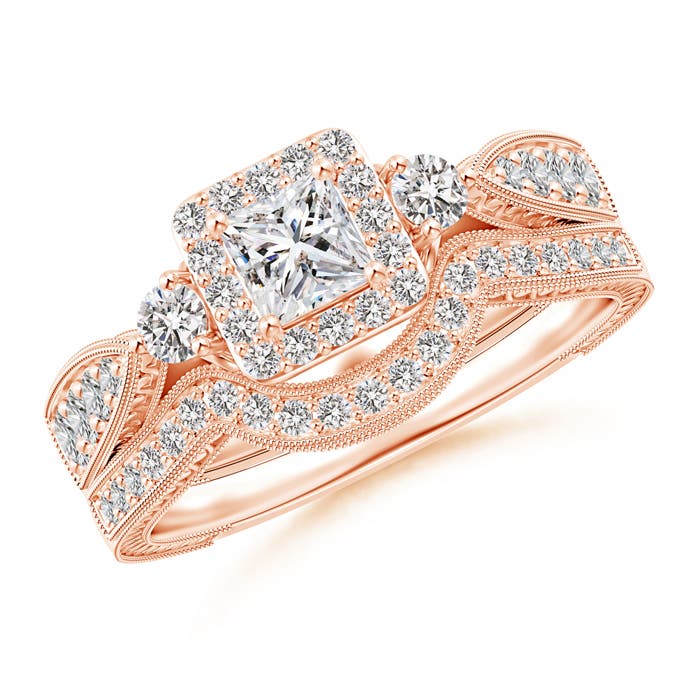 Milgrain Laced Princess-Cut Diamond Halo Bridal Set