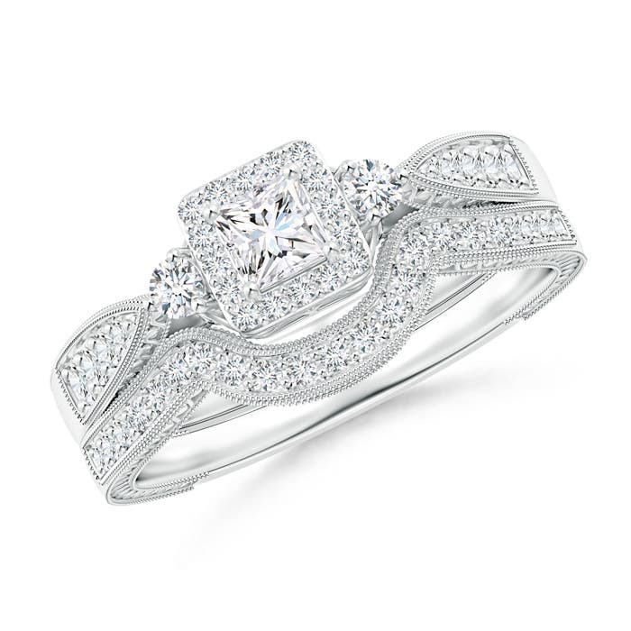Milgrain Laced Princess-Cut Diamond Halo Bridal Set