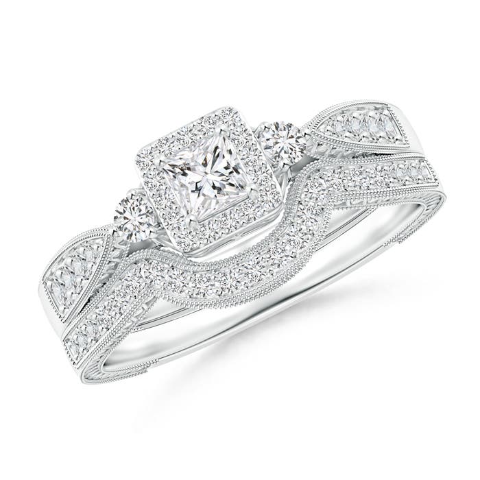 Milgrain Laced Princess-Cut Diamond Halo Bridal Set