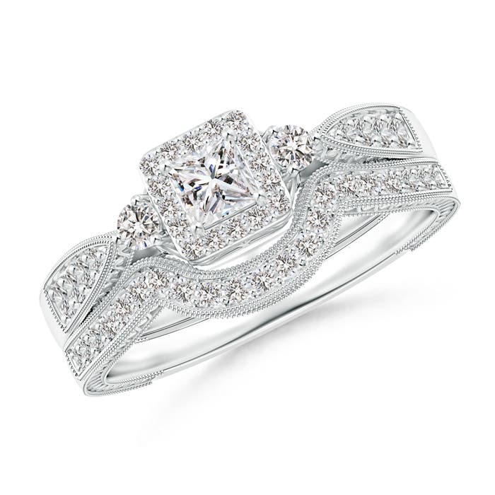 Milgrain Laced Princess-Cut Diamond Halo Bridal Set