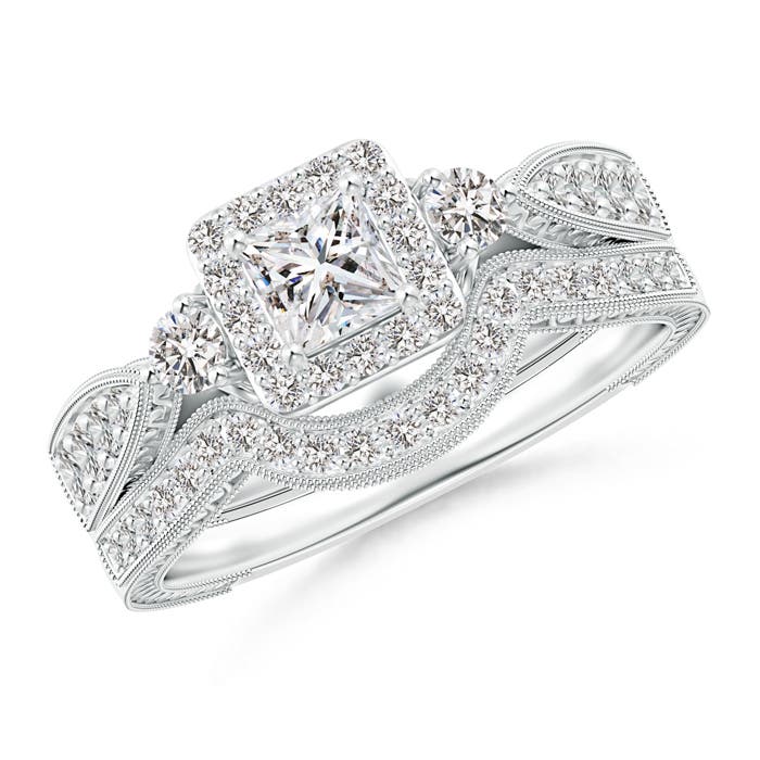 Milgrain Laced Princess-Cut Diamond Halo Bridal Set