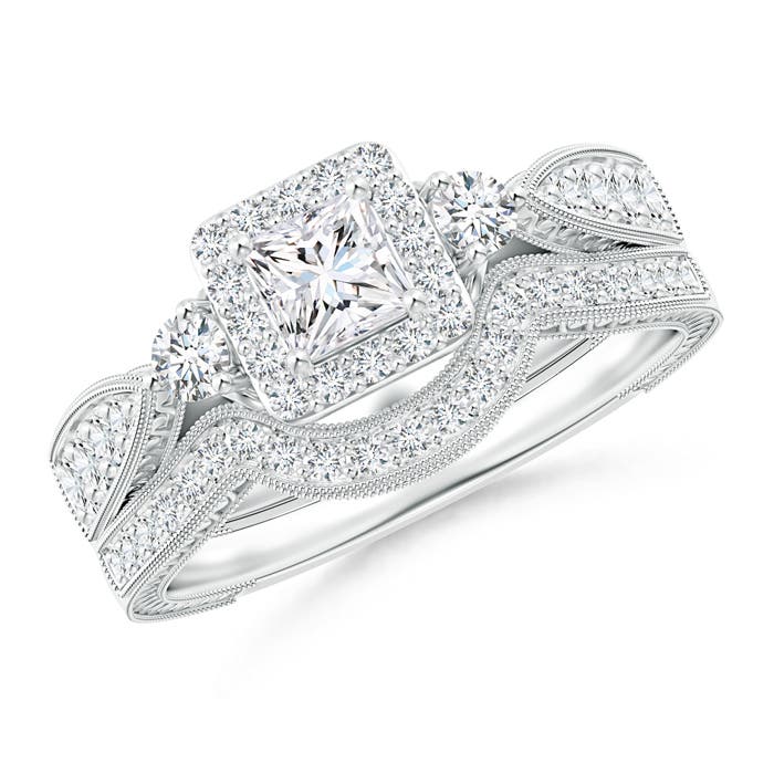Milgrain Laced Princess-Cut Diamond Halo Bridal Set
