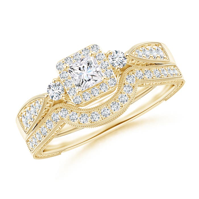 Milgrain Laced Princess-Cut Diamond Halo Bridal Set